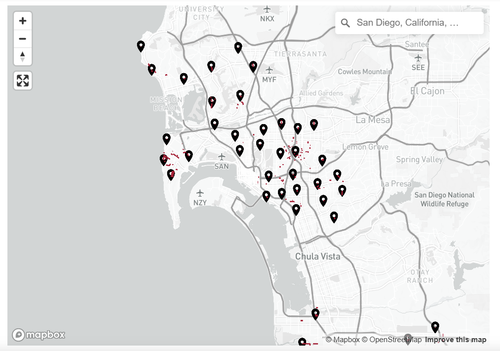 Map showing unpaved roads across San Diego County